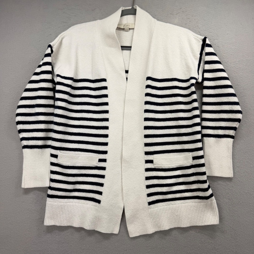 LOFT‎ Open Front Cardigan Womens XS White Navy Striped Shawl Collar Pockets Knit